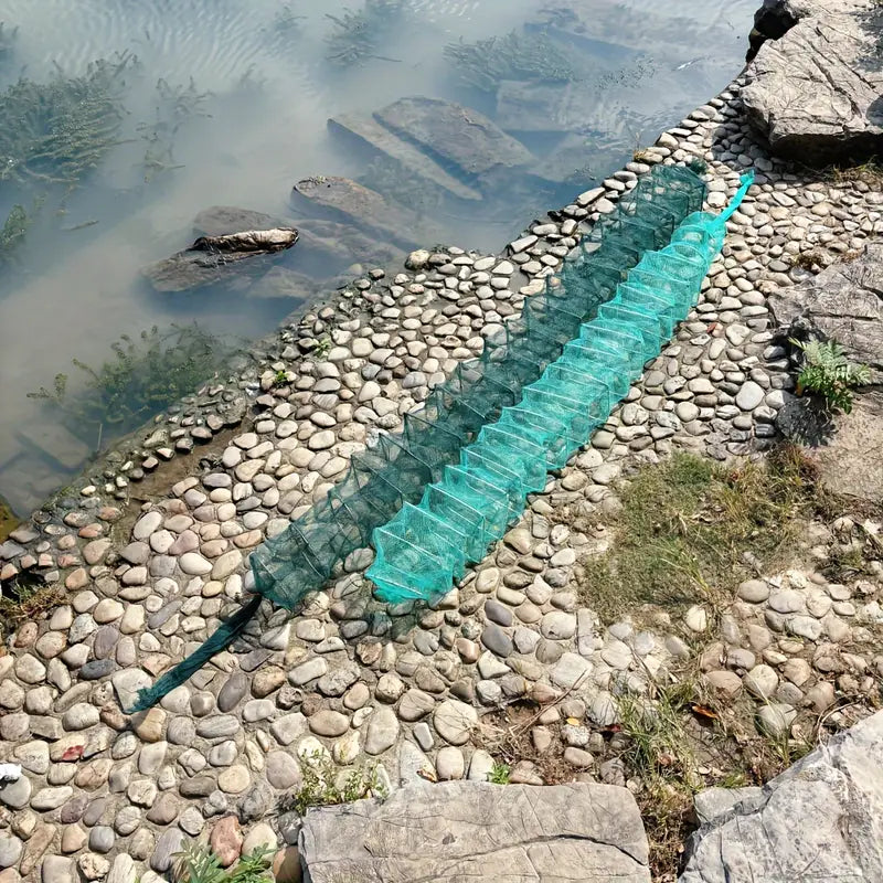 Gaiola de Pesca Dobrável em Nylon Verde Durável - Design Espesso e Sem Nós para Camarões e Enguias, Perfeita para Pesca em Rios e Lagos