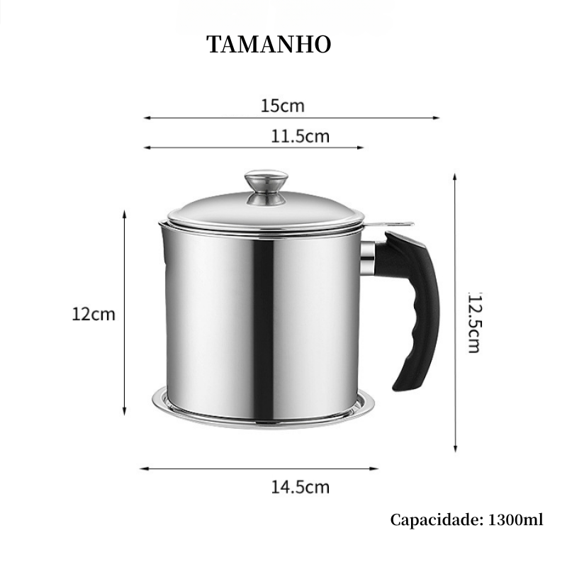Filtro de óleo em inox 304 com tampa e peneira – Alta durabilidade, vedação perfeita e ideal para eliminar resíduos e reutilizar óleo de forma segura, limpa e econômica.