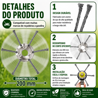 A cabeça do cortador tem 6 ramos tecidos com fio de aço resistente.