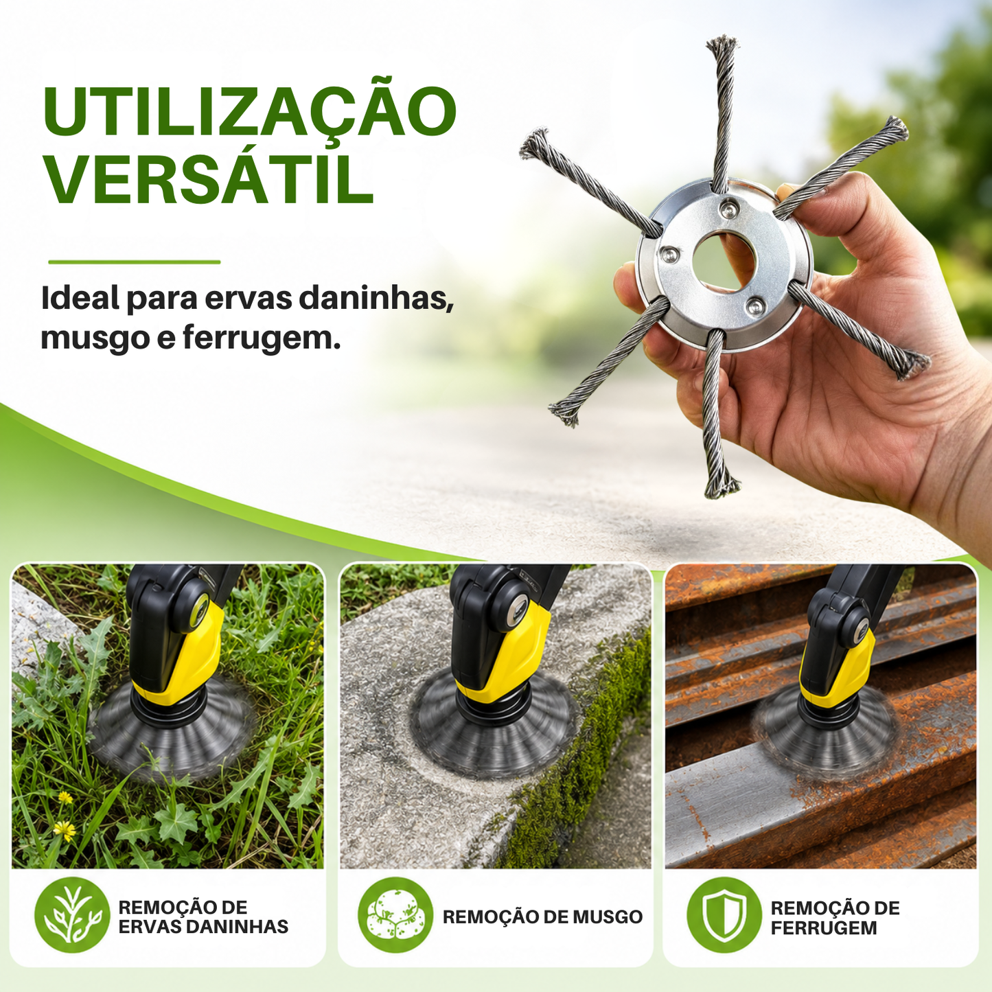 A cabeça da roçadora tem 6 braços em arame de aço entrançado resistente
