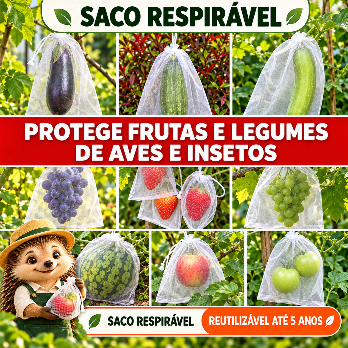 Pack de 50 Sacos de Rede para Frutas e Legumes — Proteja a Sua Colheita de Insetos e Pássaros