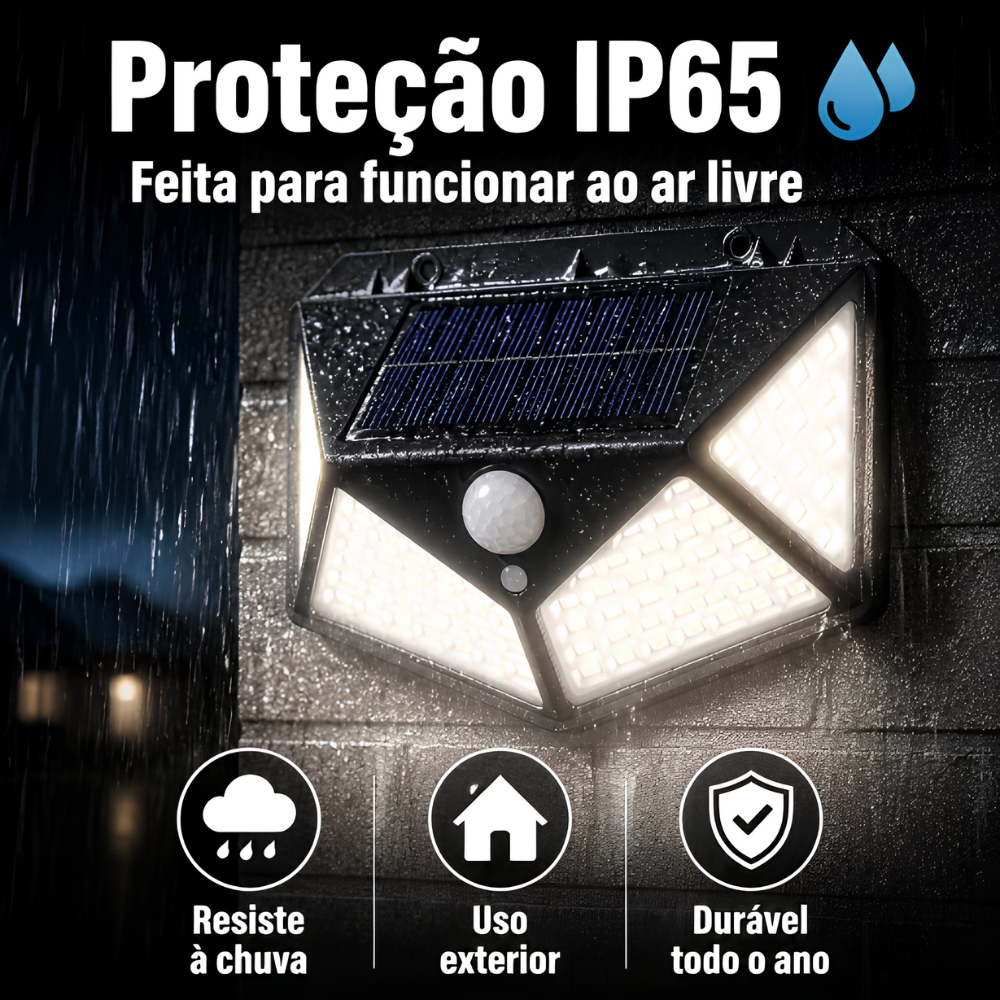 Luz Exterior a Energia Solar com Sensor Automático – 100 LEDs, Proteção IP65 e 3 Modos de Iluminação