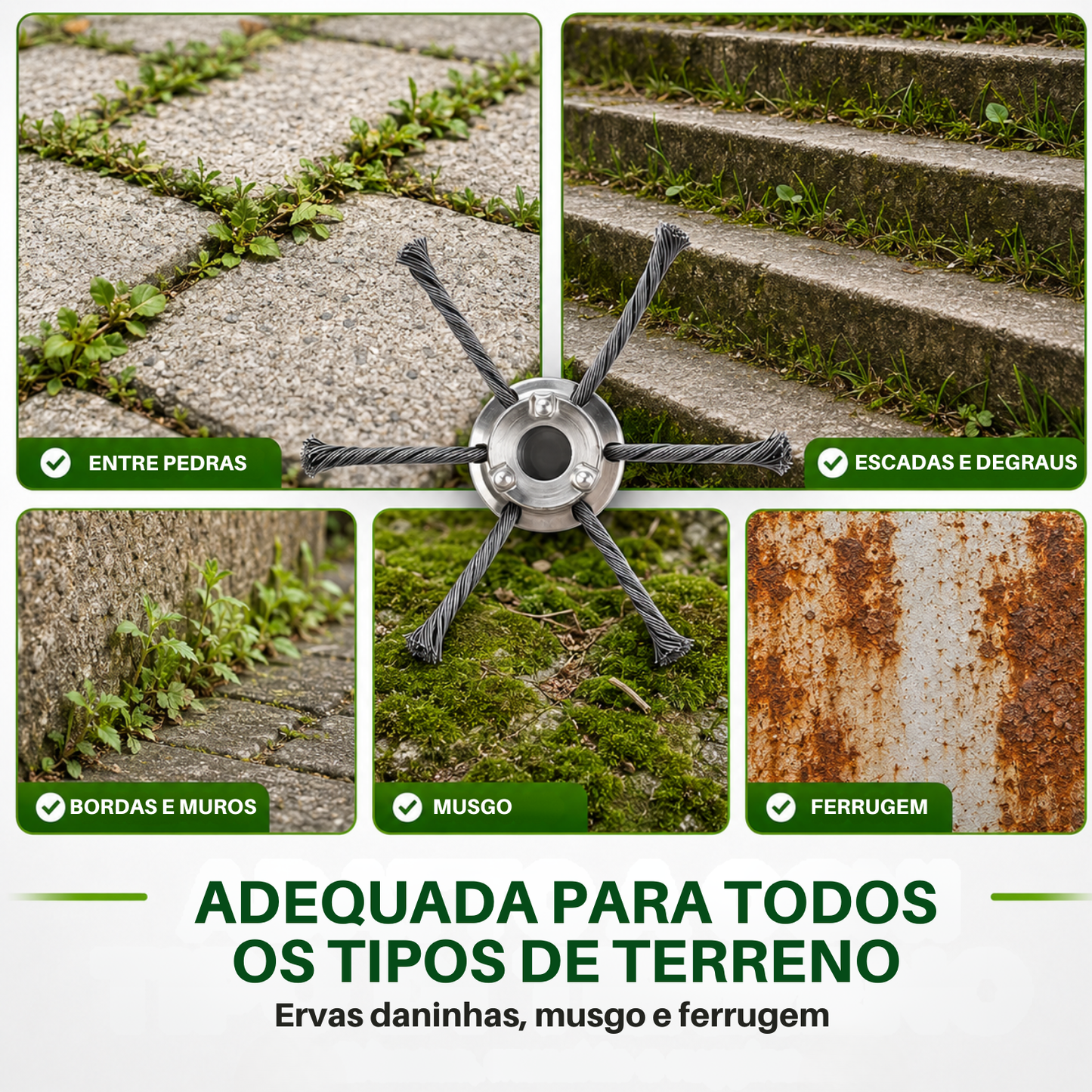 A cabeça da roçadora tem 6 braços em arame de aço entrançado resistente