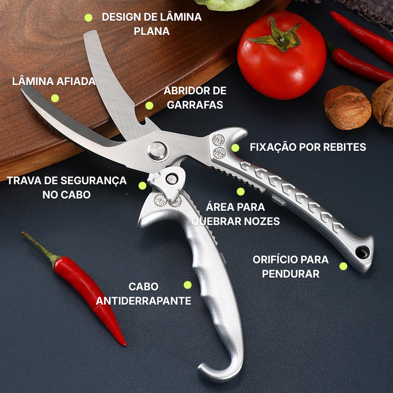 Tesoura de Cozinha Multifuncional em Aço Inoxidável com Trava de Segurança – Tesoura Profissional para Corte de Ossos