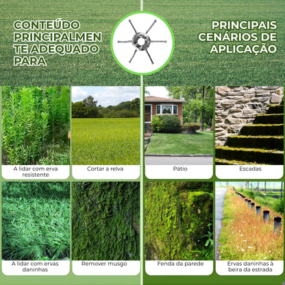 A cabeça do corta-relva tem 6 braços entrelaçados com arame de aço resistente.