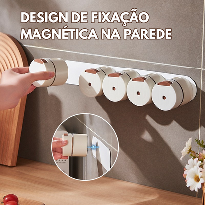 Conjunto Inovador de Frascos Magnéticos para Temperos — 6 Unidades com Dosagem Precisa e Fixação na Parede