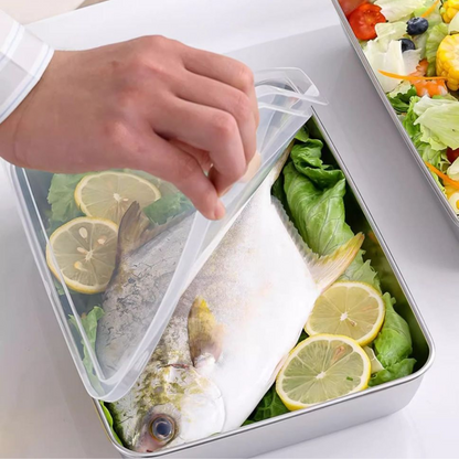 Caixa de armazenamento de alimentos SUS304, tabuleiro retangular em aço inoxidável com tampa de borracha, seguro para a saúde. (25cm*19,5cm*5cm)