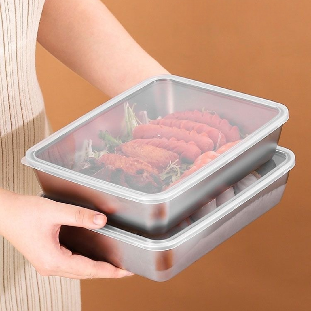 Caixa de armazenamento de alimentos SUS304, tabuleiro retangular em aço inoxidável com tampa de borracha, seguro para a saúde. (25cm*19,5cm*5cm)