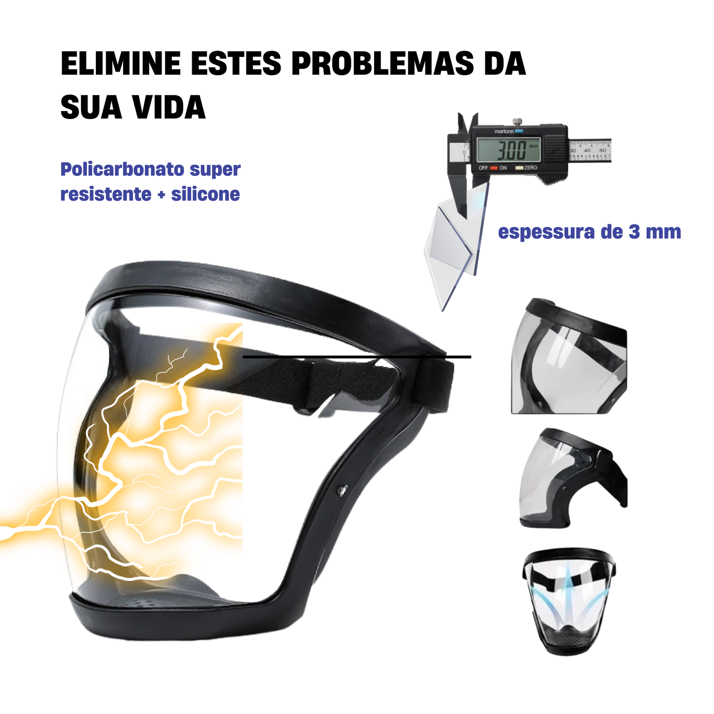 A viseira protege o rosto contra poeiras finas e névoa.