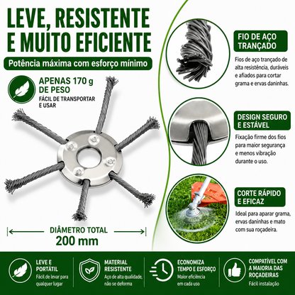 A cabeça do cortador tem 6 ramos tecidos com fio de aço resistente.