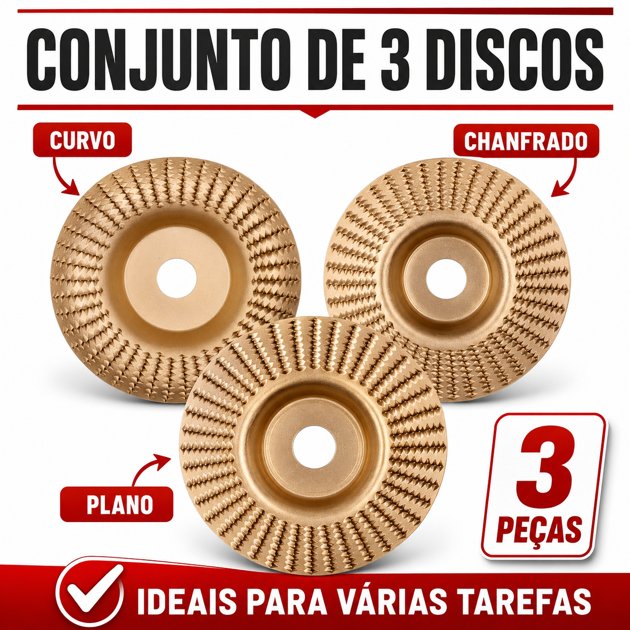 Conjunto De 3 Discos De Desbaste Em Aço Carbono Para Madeira (Plano – Curvo – Inclinado)