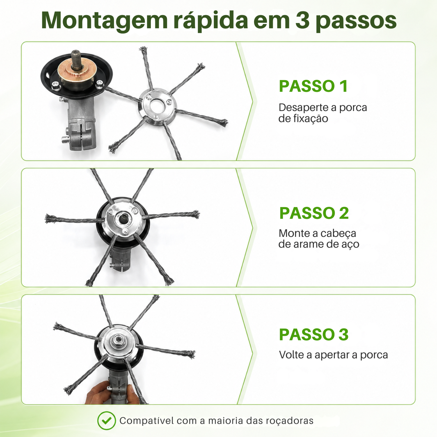 A cabeça da roçadora tem 6 braços em arame de aço entrançado resistente