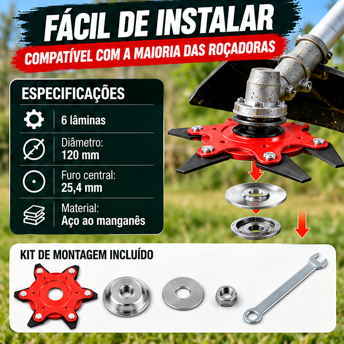 Cabeça de cortador de grama de aço com 6 lâminas