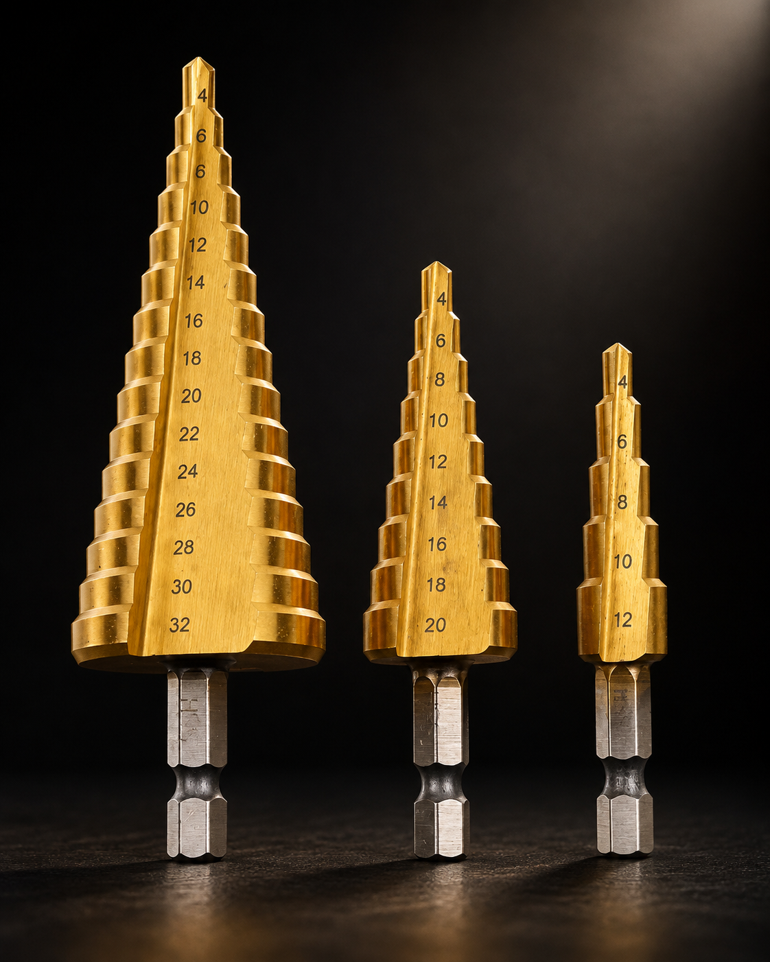 Kit de 3 Brocas Escalonadas Revestidas a Titânio – 4 a 32 mm