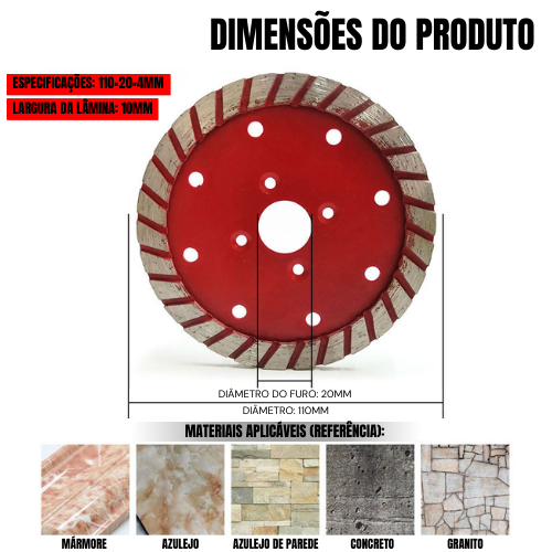 Disco De Corte E Desbaste Turbo De Diamante 110MM Para Granito, Mármore E Pedra (Flange Incluído)