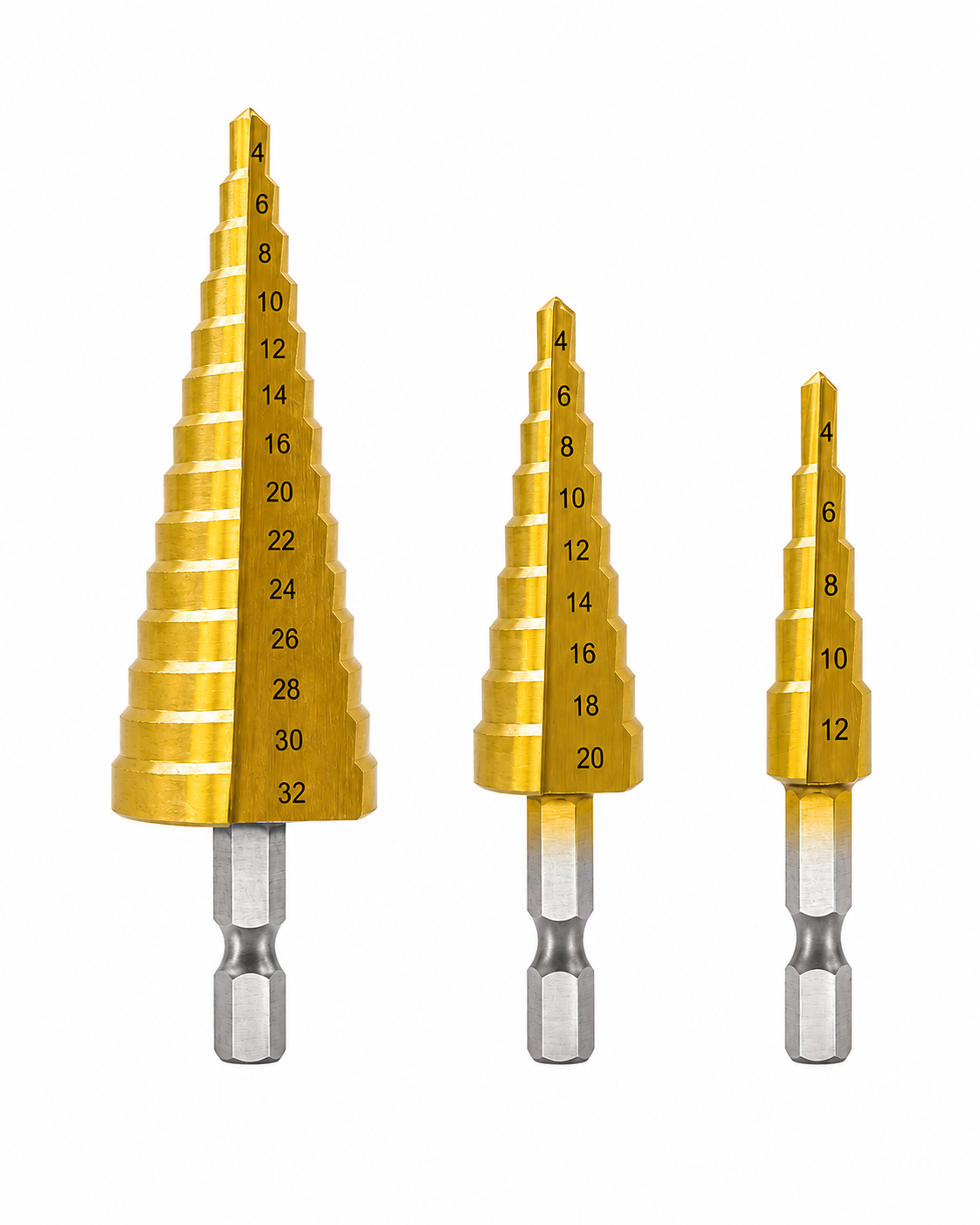 Kit de 3 Brocas Escalonadas Revestidas a Titânio – 4 a 32 mm
