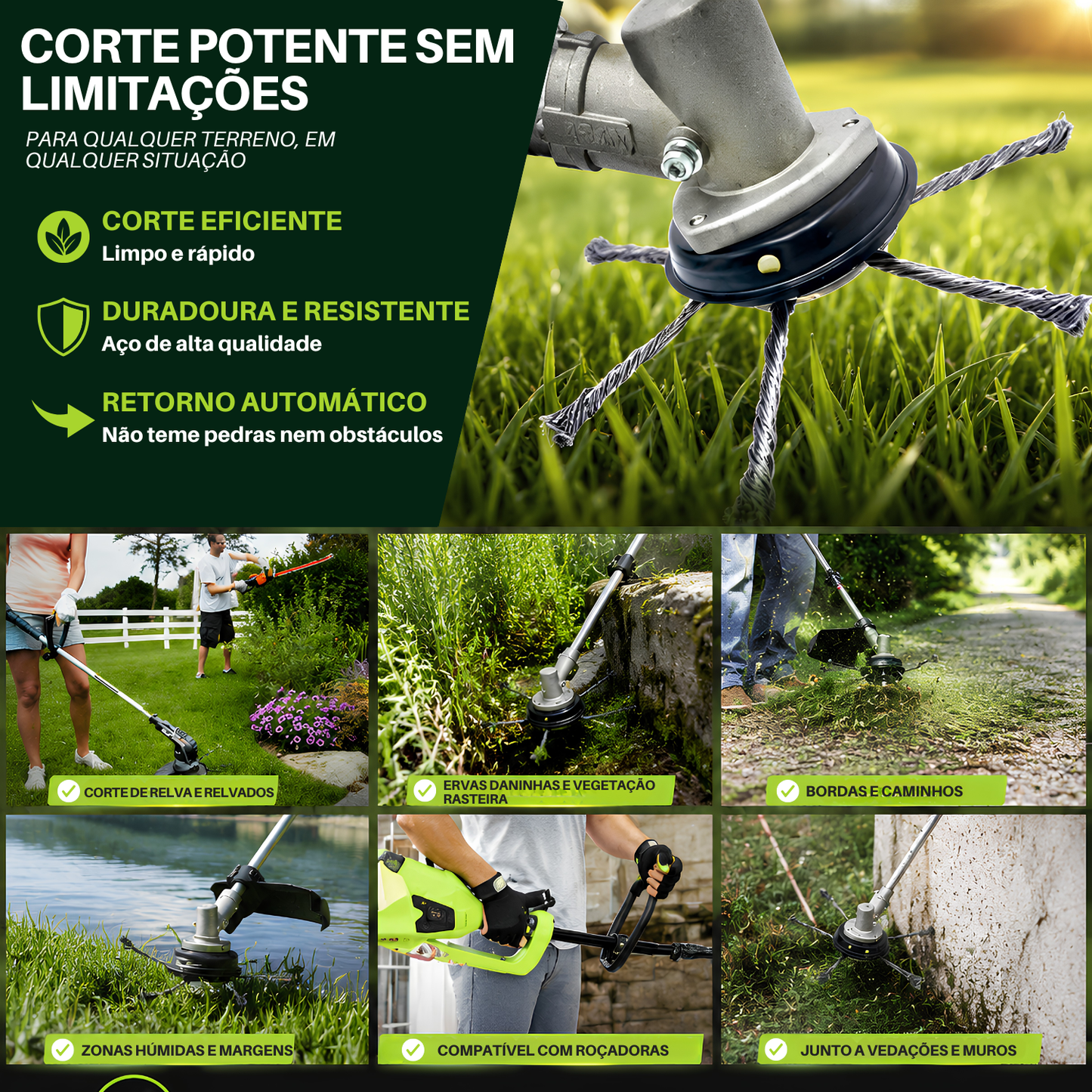 A cabeça da roçadora tem 6 braços em arame de aço entrançado resistente
