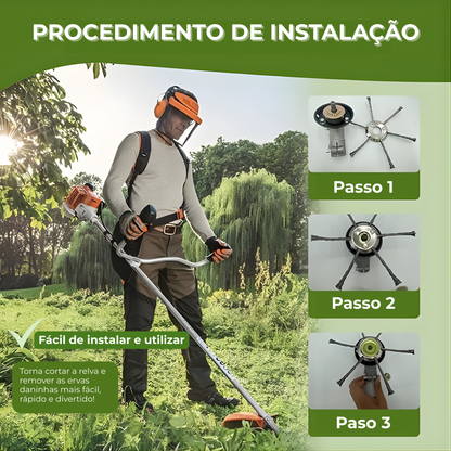 A cabeça do corta-relva tem 6 braços entrelaçados com arame de aço resistente.