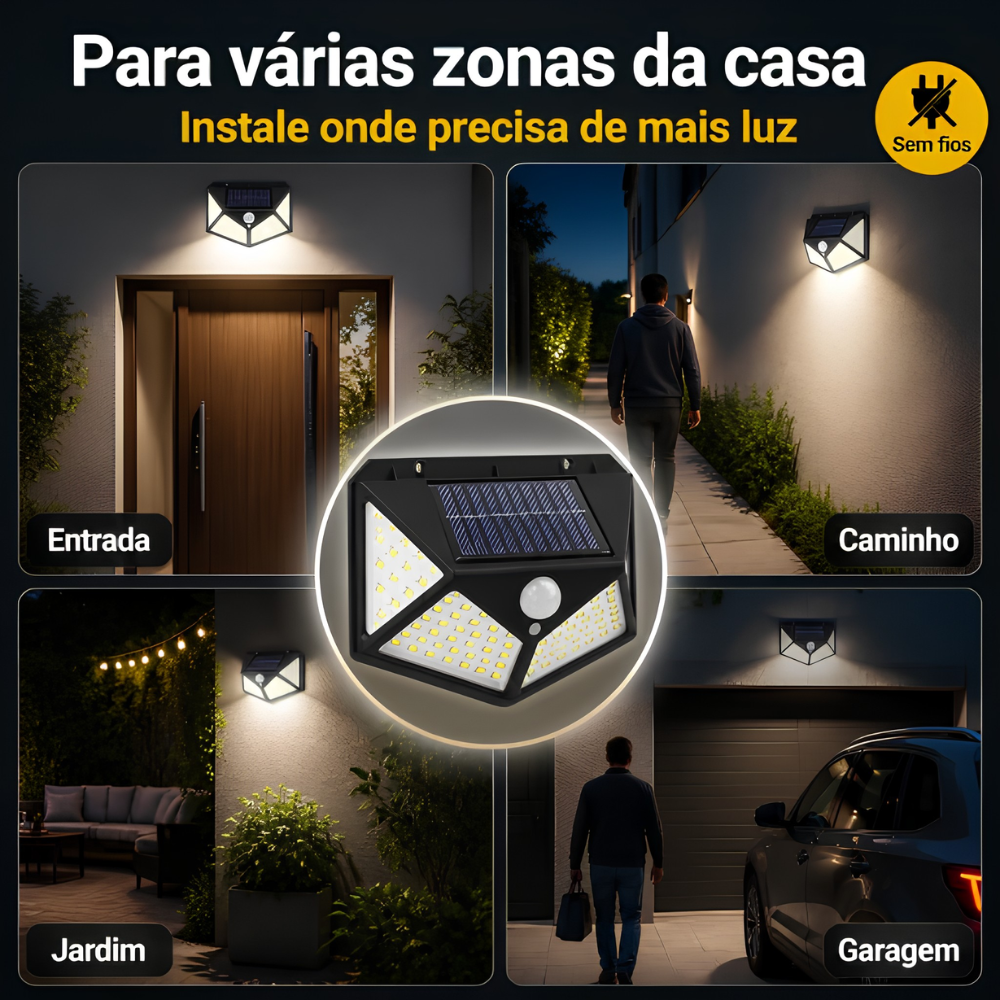 Luz Exterior a Energia Solar com Sensor Automático – 100 LEDs, Proteção IP65 e 3 Modos de Iluminação