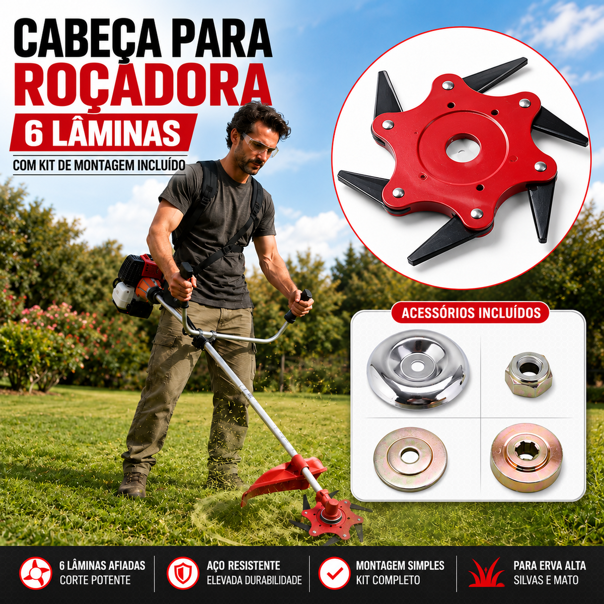 Cabeça para roçadora com 6 lâminas em aço ao manganês — Corte sem parar, sem trocar o fio (kit de adaptadores incluído)