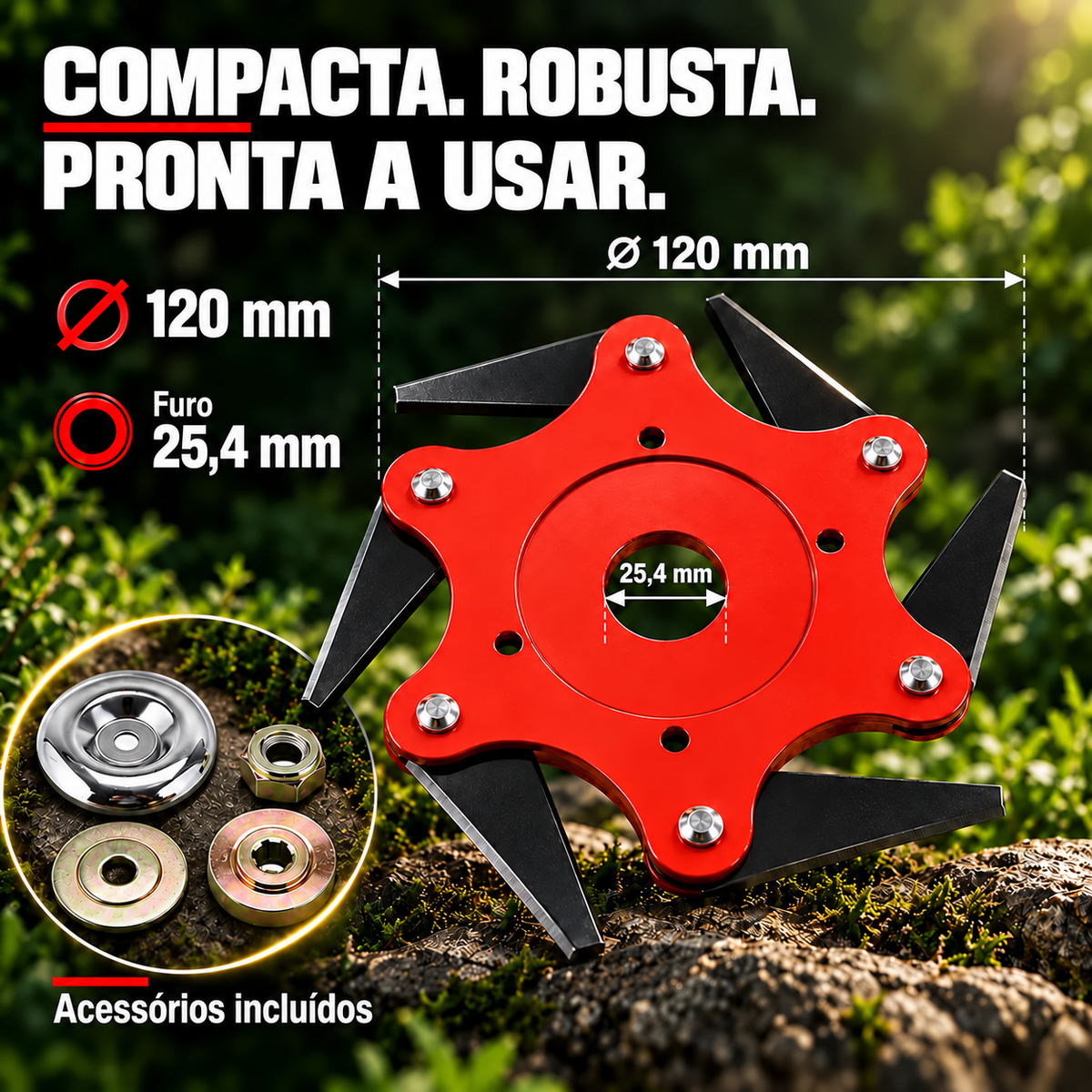 Cabeça para roçadora com 6 lâminas em aço ao manganês — Corte sem parar, sem trocar o fio (kit de adaptadores incluído)