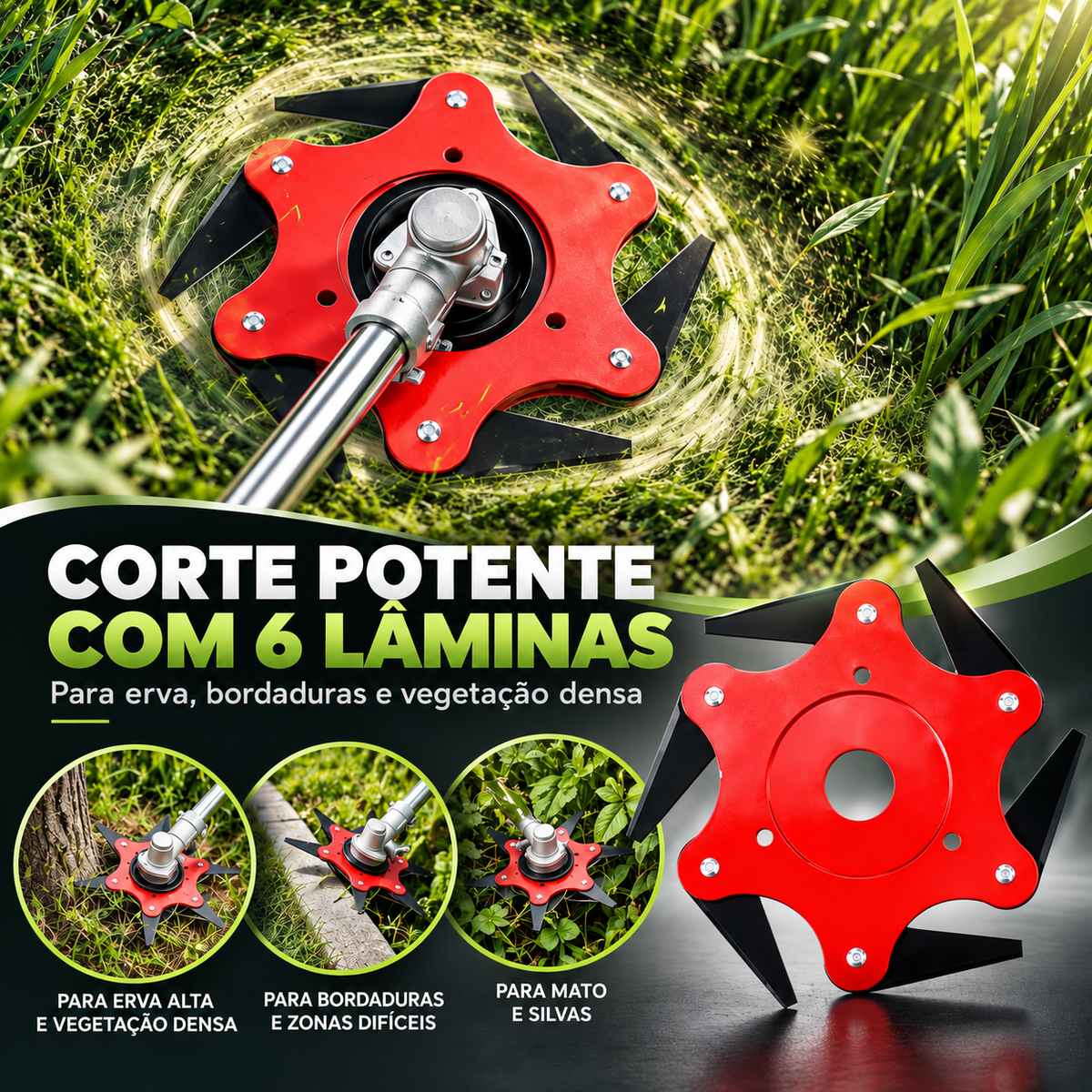 Cabeça para roçadora com 6 lâminas em aço ao manganês — Corte sem parar, sem trocar o fio (kit de adaptadores incluído)