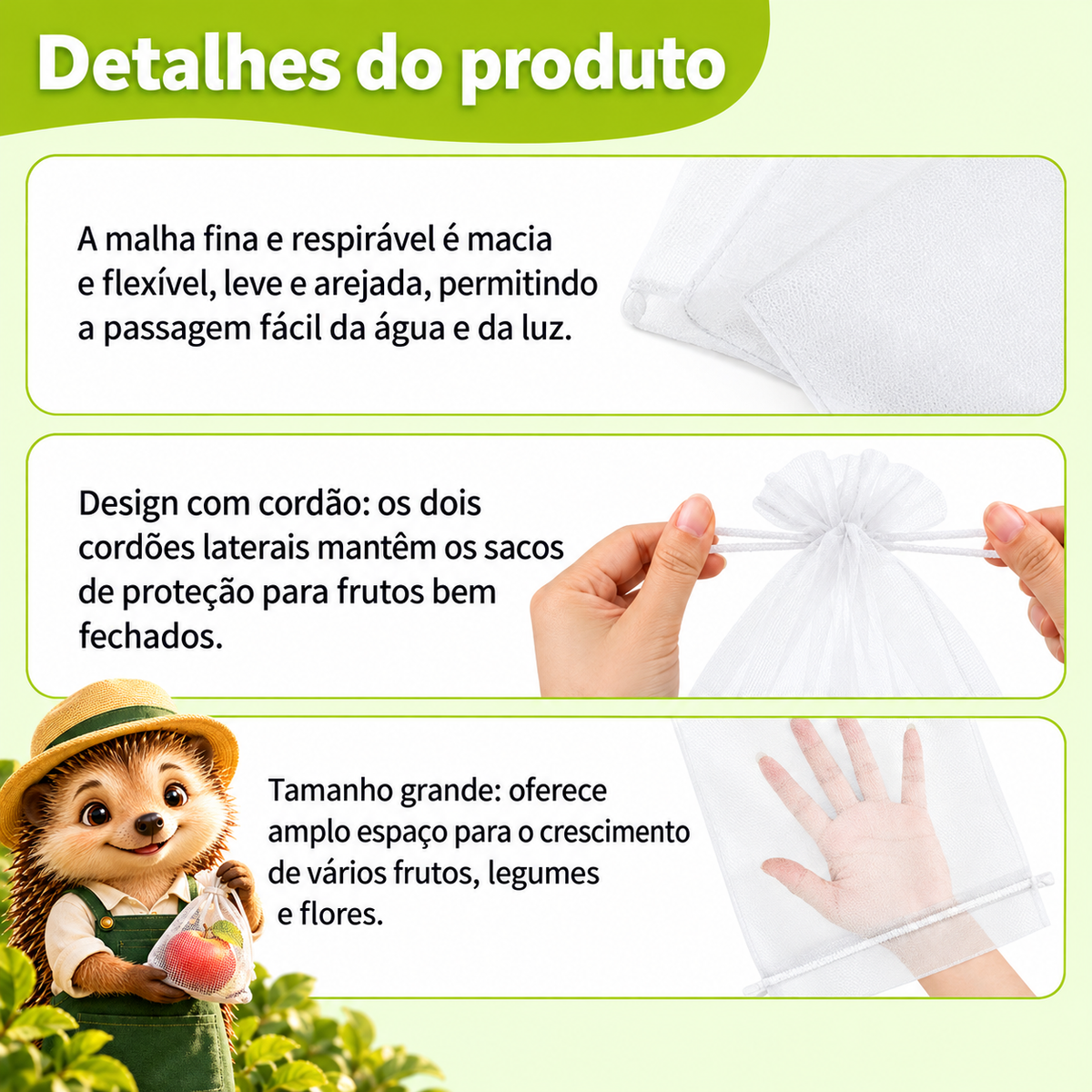 Pack de 50 Sacos de Rede para Frutas e Legumes — Proteja a Sua Colheita de Insetos e Pássaros