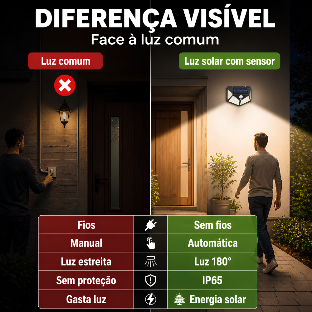 Luz Exterior a Energia Solar com Sensor Automático – 100 LEDs, Proteção IP65 e 3 Modos de Iluminação