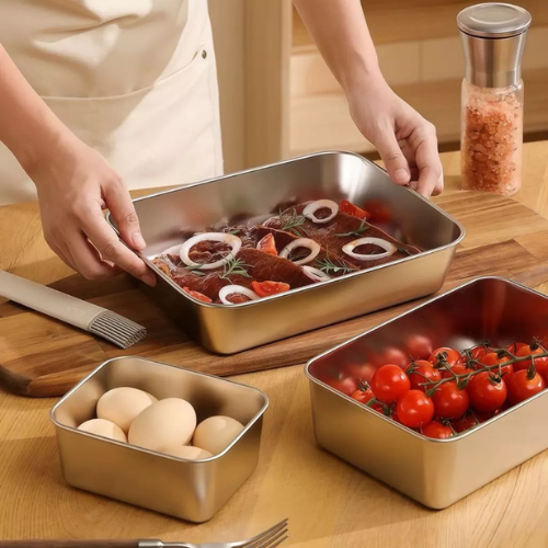 Caixas para conservação de alimentos, bandeja retangular de aço inox SUS304 (25x20x5cm)