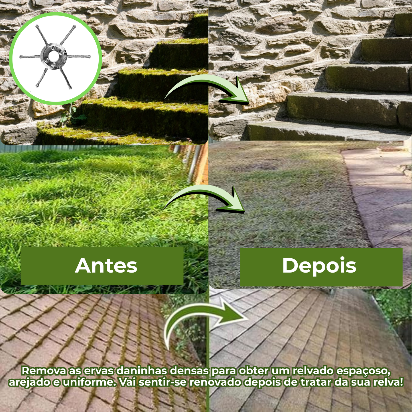 A cabeça do corta-relva tem 6 braços entrelaçados com arame de aço resistente.