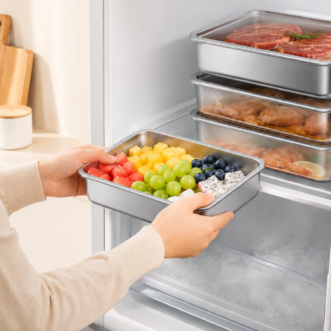 Caixas herméticas de inox 304 — o teu frigorífico mais arrumado e limpo (20×25×5 cm)