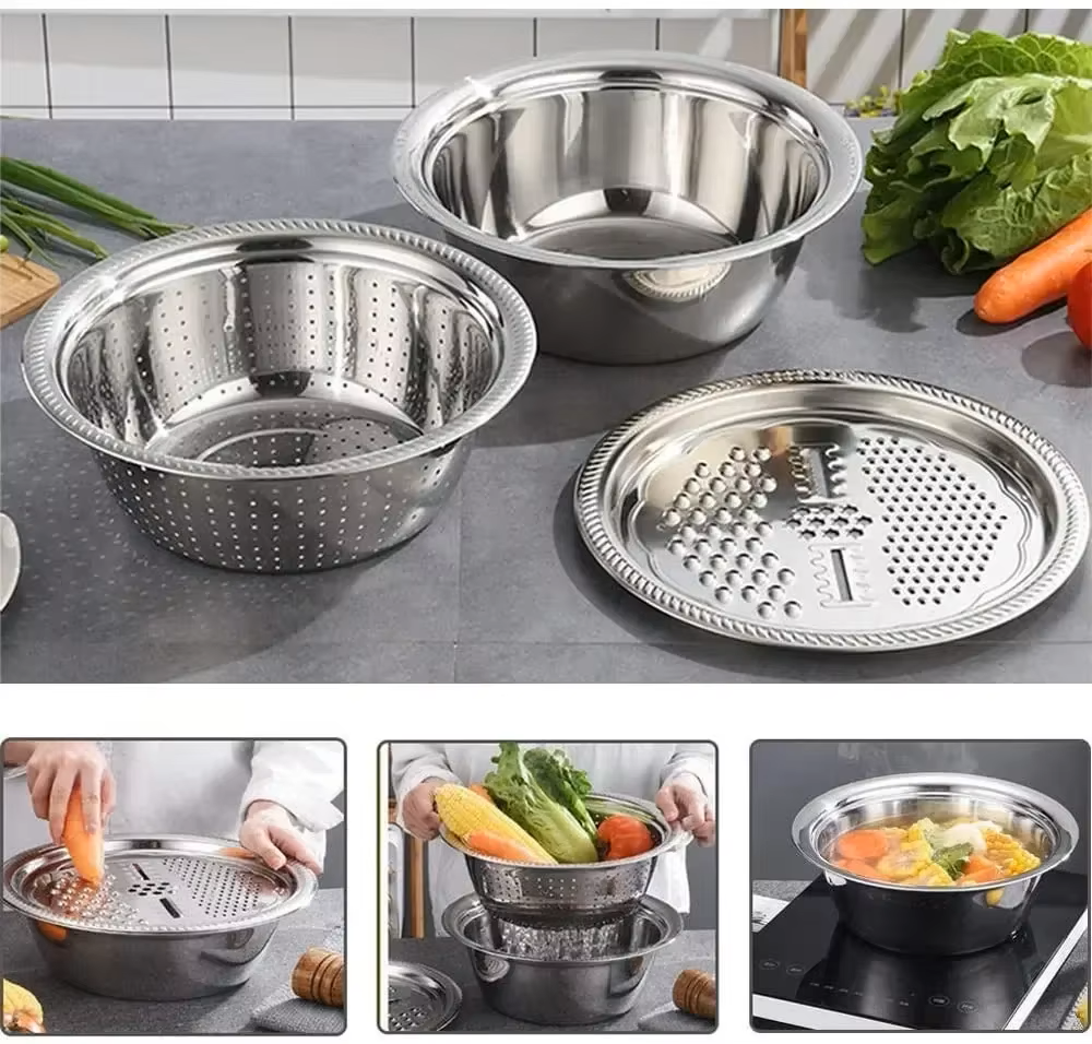 Conjunto 3 em 1 com Bacia de Inox, Escorredor e Cortador/Ralador de Legumes