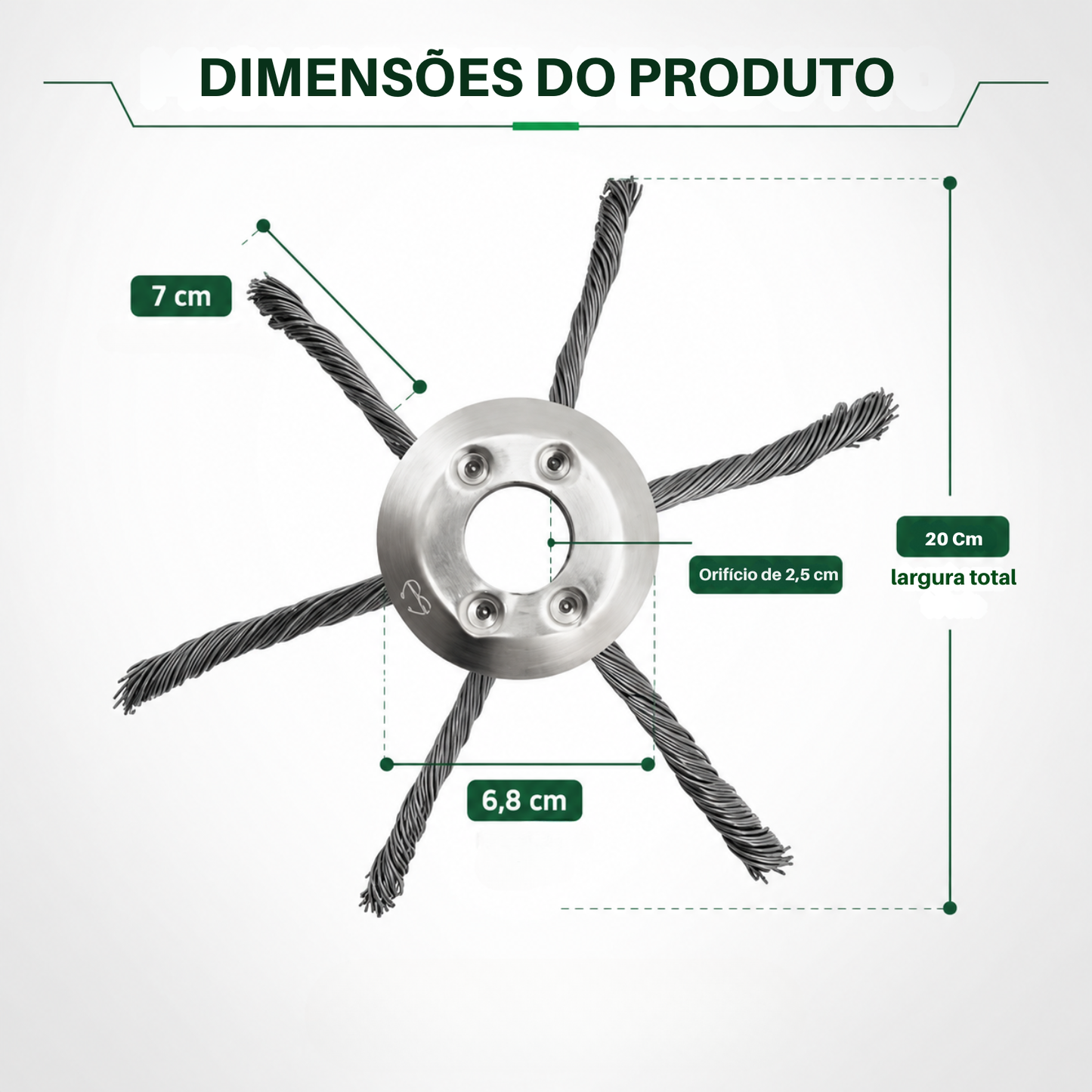 A cabeça da roçadora tem 6 braços em arame de aço entrançado resistente