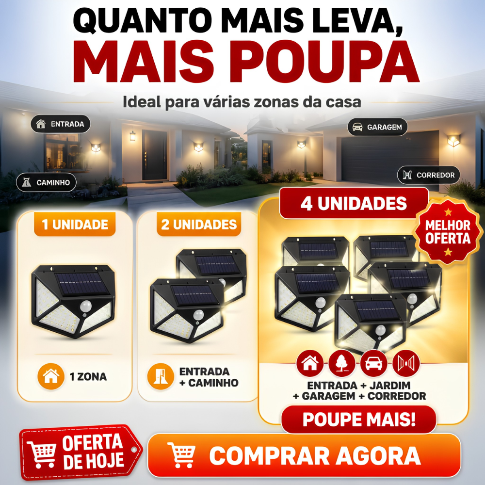 Luz Exterior a Energia Solar com Sensor Automático – 100 LEDs, Proteção IP65 e 3 Modos de Iluminação