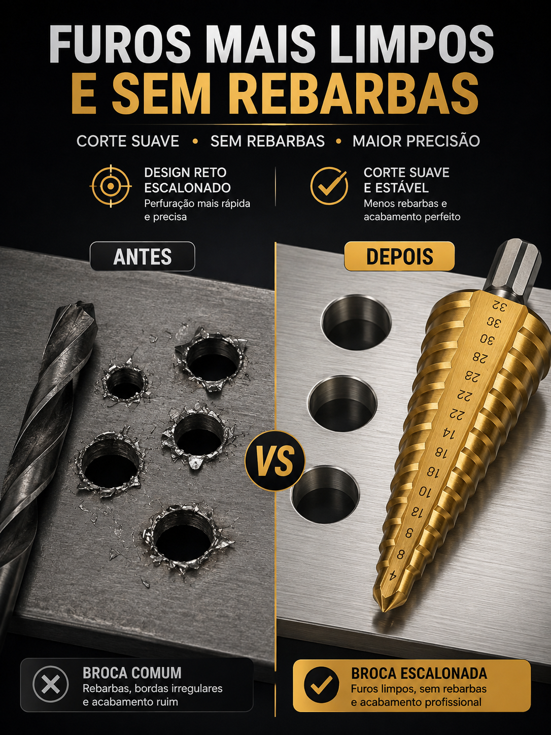 Kit de 3 Brocas Escalonadas Revestidas a Titânio – 4 a 32 mm