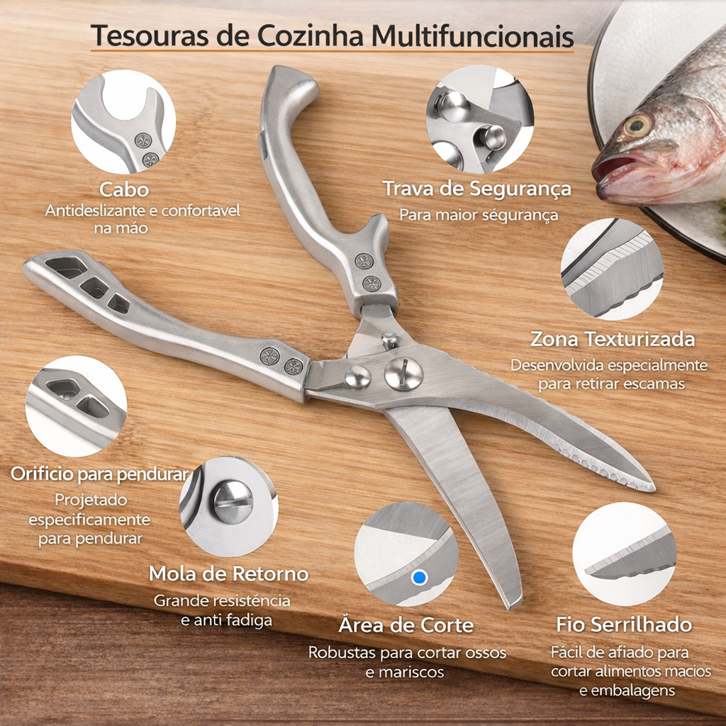Tesoura Profissional de Aço Inoxidável - Ideal para Carne, Ossos, Peixe e Muito Mais