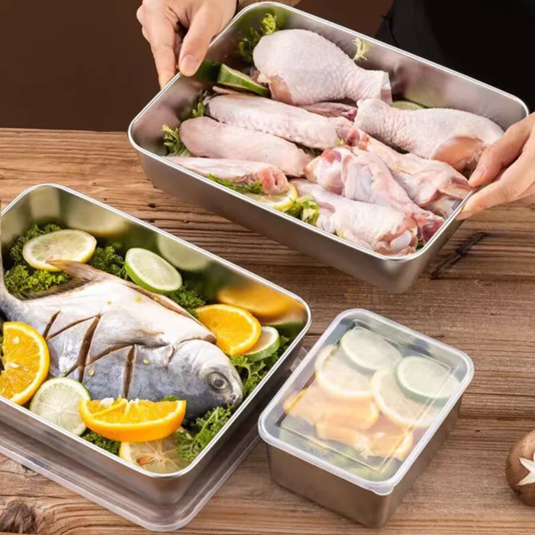 Caixas para conservação de alimentos, bandeja retangular de aço inox SUS304 (25x20x5cm)