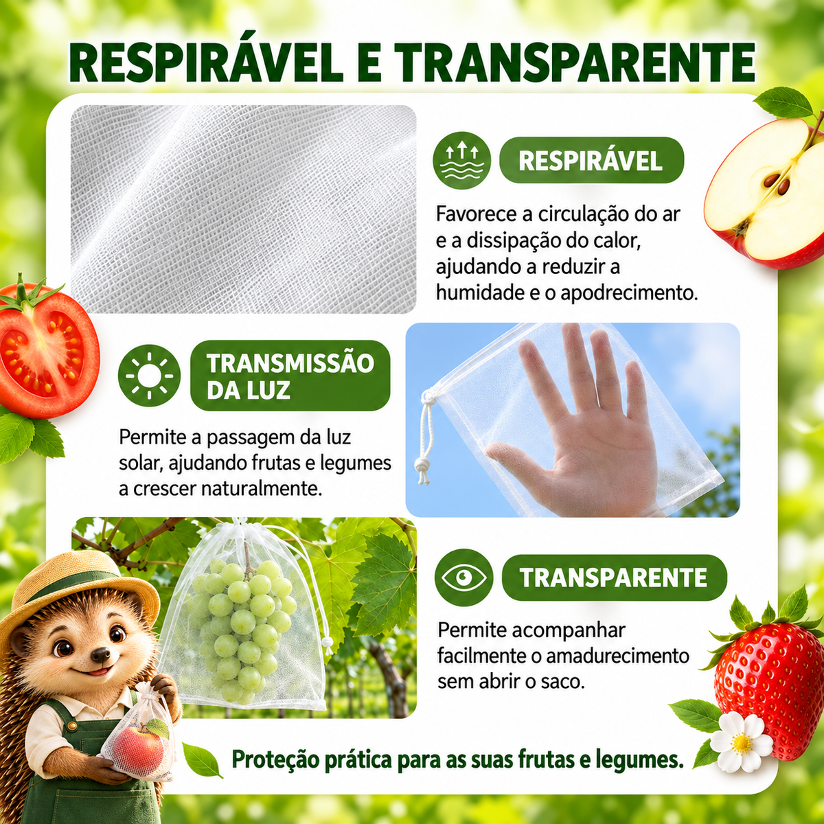 Pack de 50 Sacos de Rede para Frutas e Legumes — Proteja a Sua Colheita de Insetos e Pássaros
