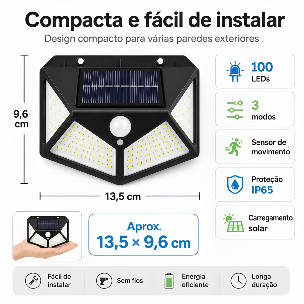Luz Exterior a Energia Solar com Sensor Automático – 100 LEDs, Proteção IP65 e 3 Modos de Iluminação