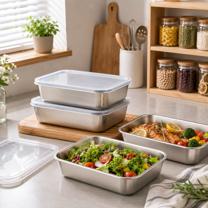 Recipientes em aço inoxidável SUS304 de 2400 ml | Alimentos frescos por mais tempo (25×20×5 cm)