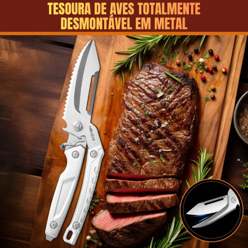 Tesoura de Aves Desmontável de Importação Alemã – Multifuncional para Frango, Ossos, Carne, Peru e Peixe (Cor Prata)