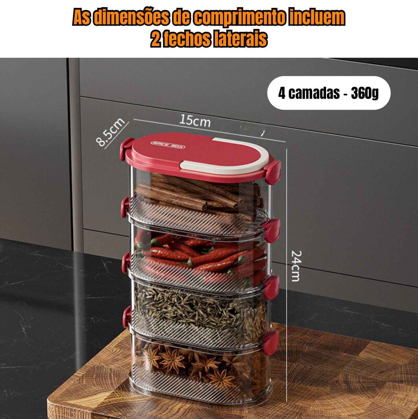 Recipiente empilhável de 4 níveis, transparente, para guardar alimentos, com fecho hermético