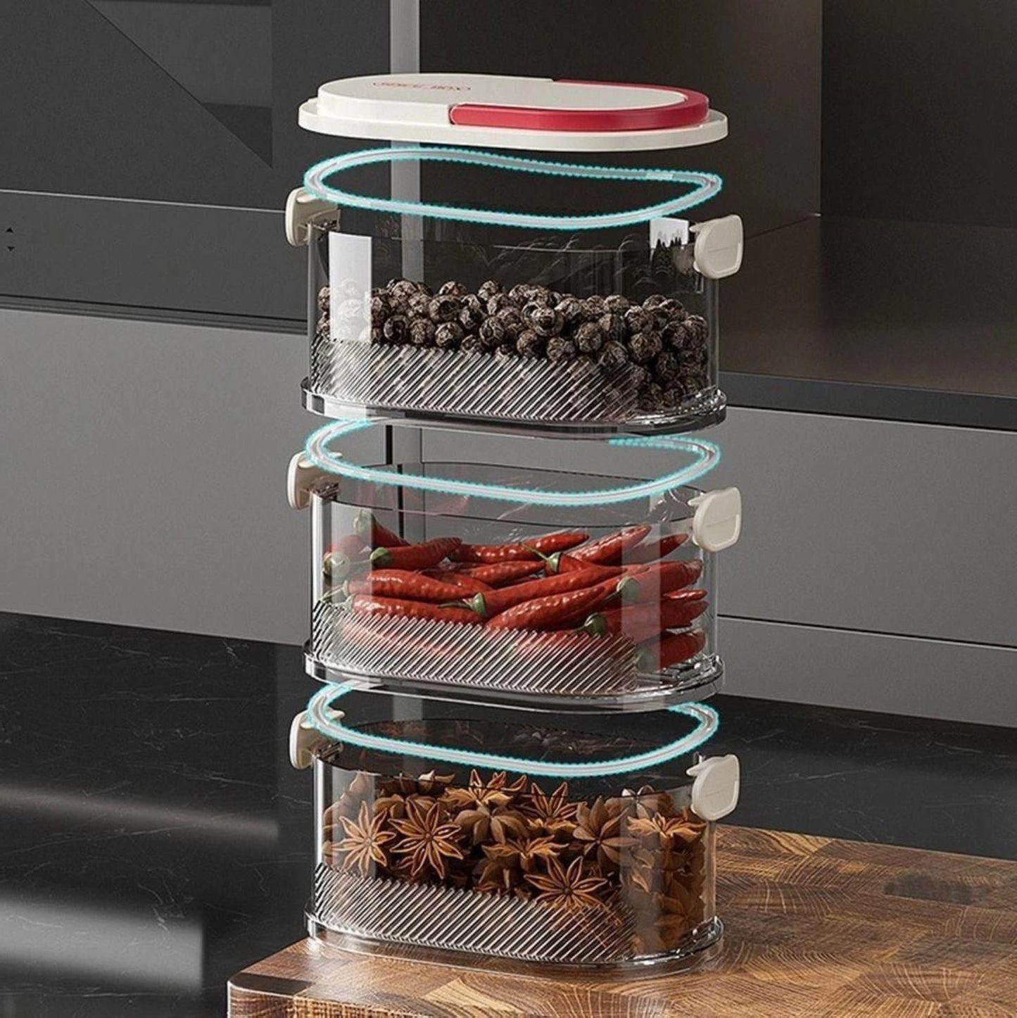 Recipiente empilhável de 4 níveis, transparente, para guardar alimentos, com fecho hermético