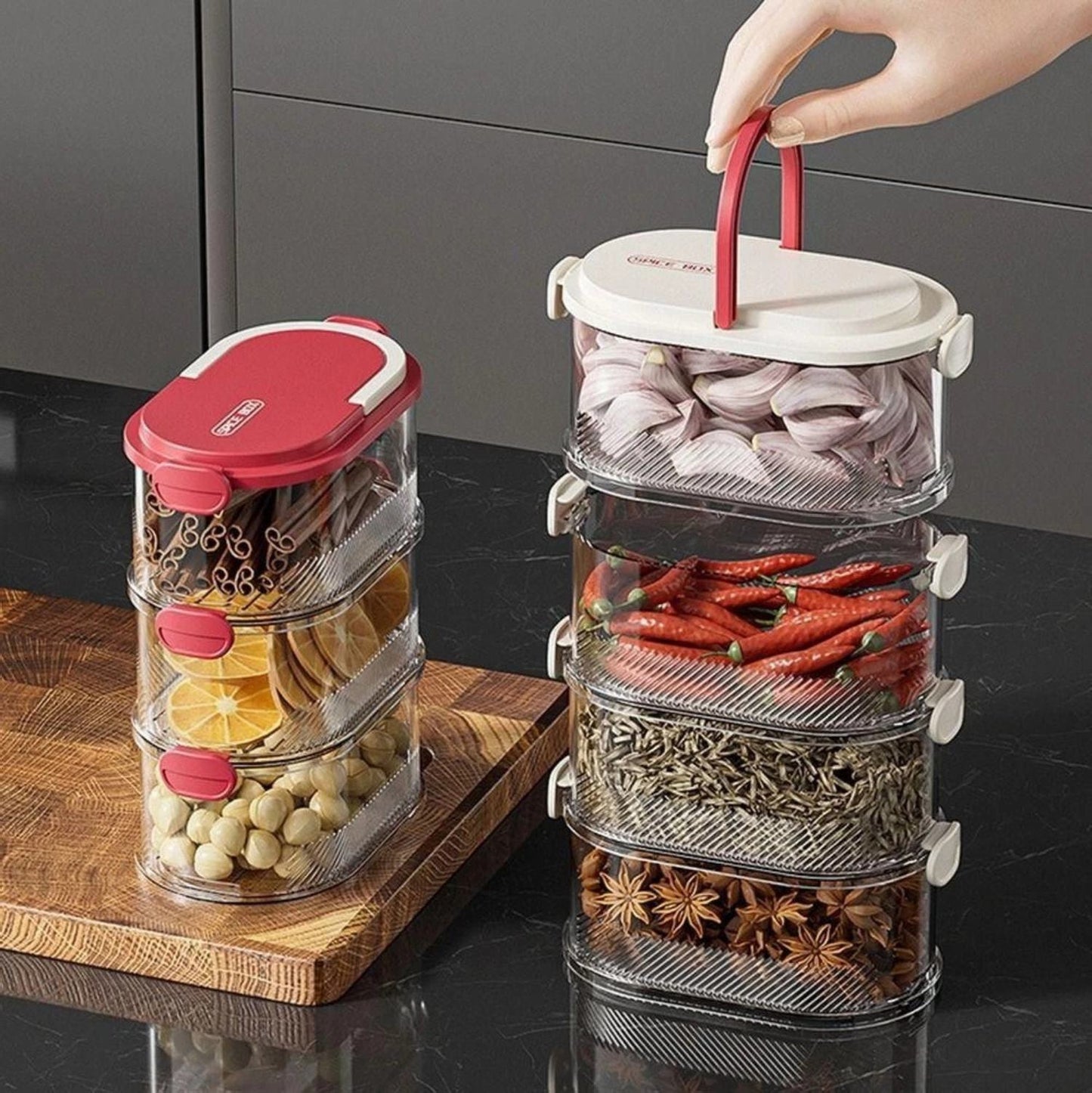 Recipiente empilhável de 4 níveis, transparente, para guardar alimentos, com fecho hermético