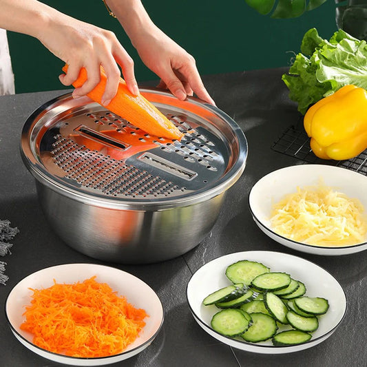 Conjunto 3 em 1 com Bacia de Inox, Escorredor e Cortador/Ralador de Legumes