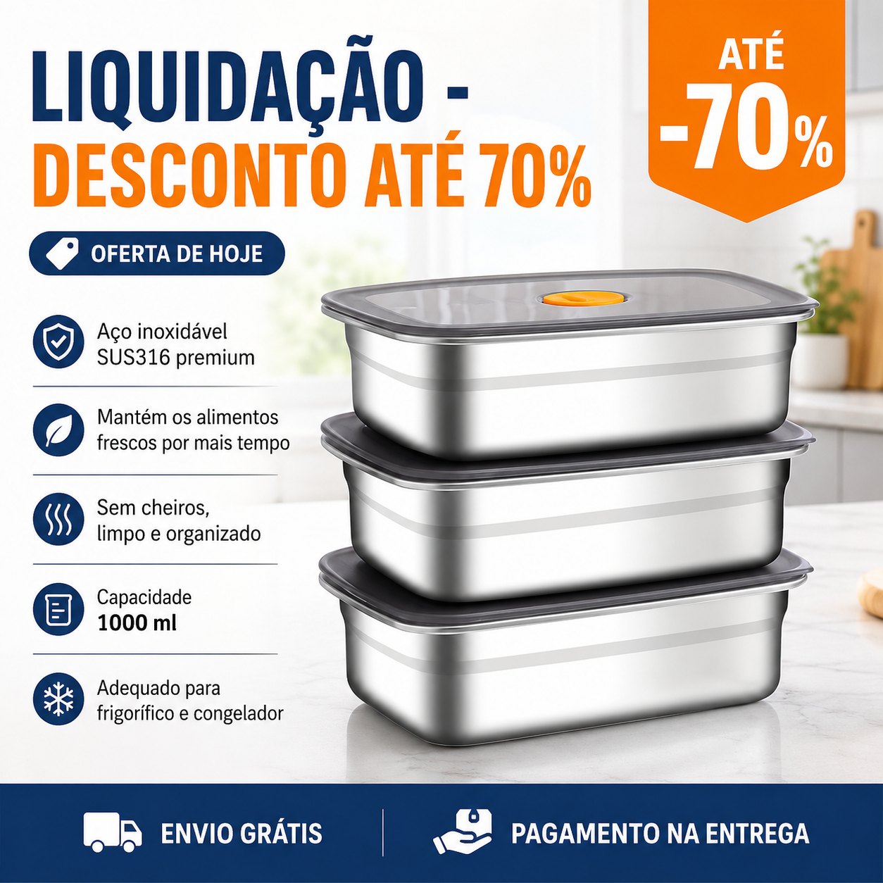 Bandeja de Aço Inoxidável 316 – Solução segura e prática para conservar alimentos (19x14x6cm)