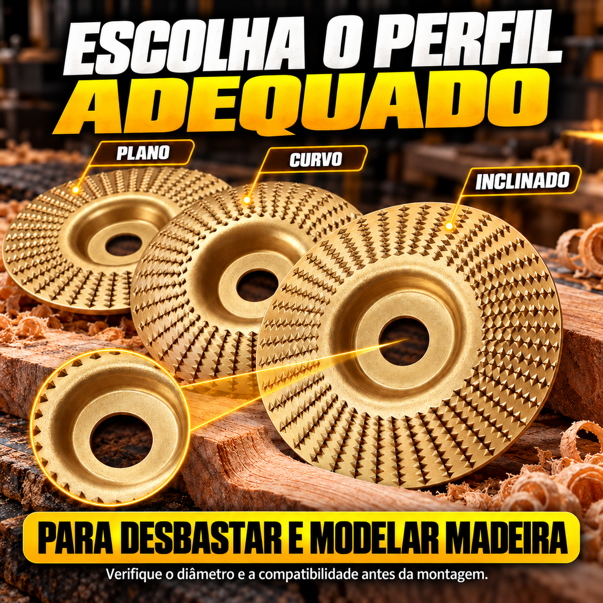 Conjunto de 3 Discos de Desbaste em Aço Carbono para Madeira (Plano - Curvo - Inclinado)
