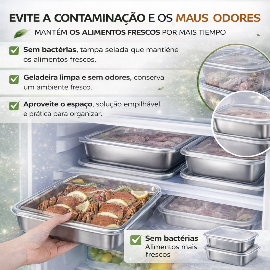 A solução para um frigorífico sempre organizado e sem odores – Recipientes em aço inox SUS304 (25×20×6 cm)