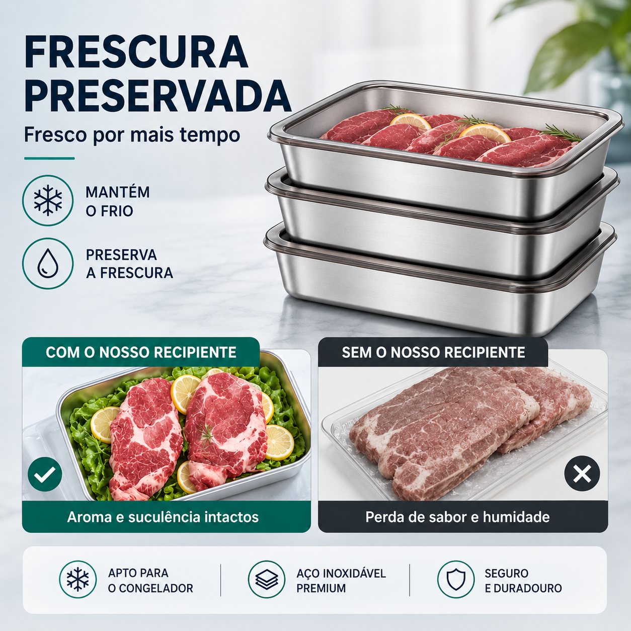 Recipiente hermético em aço inoxidável 304: mantém os alimentos frescos durante mais tempo, de forma segura e sem odores.