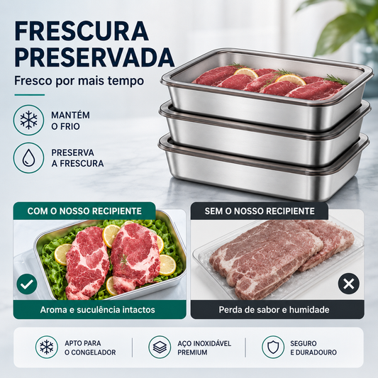 Recipiente hermético em aço inoxidável 304: mantém os alimentos frescos durante mais tempo, de forma segura e sem odores.